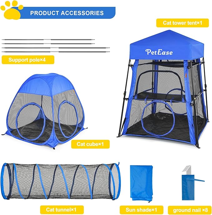 Catio Outdoor Cat Enclosure, 3-in-1 Extra Large Portable Cat Playpen with Tower Tent & Tunnel, Foldable Waterproof Mesh Catio for Indoor Outdoor Cats & Small Pets