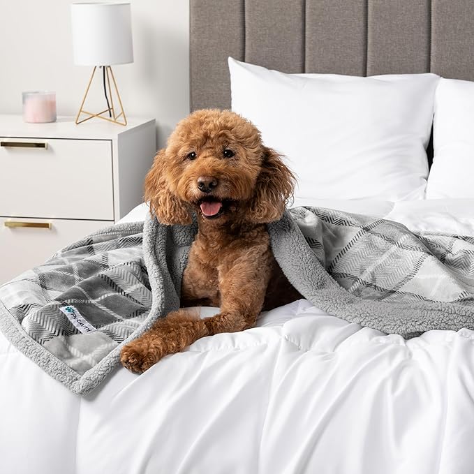PetAmi Waterproof Dog Blanket for Small Medium Dog Puppy Cat Throw for Couch Cover Leakproof Protection, Sherpa Fleece, Reversible Soft Washable 29x40 Plaid Light Gray