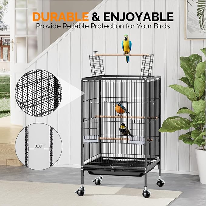 VINGLI Bird Cage with Wheels, Durable Wrought Iron Parakeet Cage with Slide Out Tray, Black Bird Cages for Parakeets/Lovebird/Cockatiels/Budgies and Other Small/Medium Birds (Medium-38 inch)