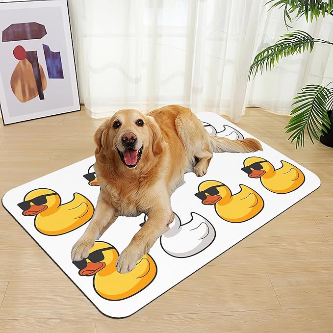 Cute Ducks Glasses Pet Feeding Mat for Floors–Christmas Stocking Absorbent Quick Dry Dog Cat Bowl Mat for Food and Water, Non Slip Waterproof Base, Mess-Free Feeding Accessories 16"x24"