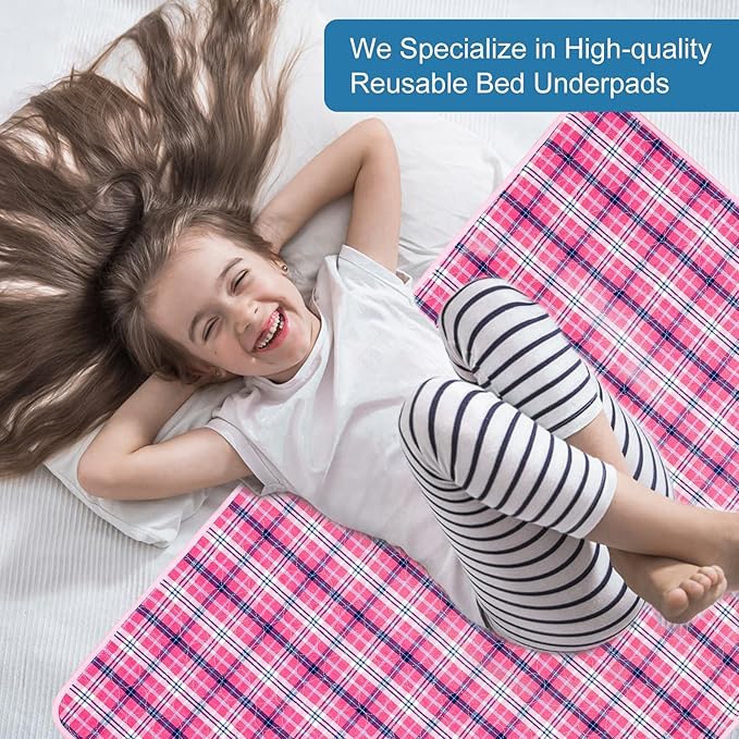 OUTCREATOR® Washable Bed Pads 34" x 54" (Pack of 2) for Incontinence Mattress Protector, Reusable Underpads for Elderly, Adults, Kids, Pets with Anti-Slip Bottom (Pink Plaid)