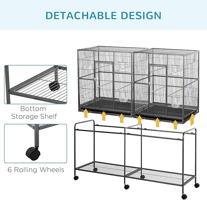 PawHut 65" Double Rolling Metal Bird Cage with Divider, Large Parrot Cage for Parakeet, Canaries, Lovebirds, Budgie, Finch, with Detachable Rolling Stand, Storage Shelf, Wood Perch & Food Container