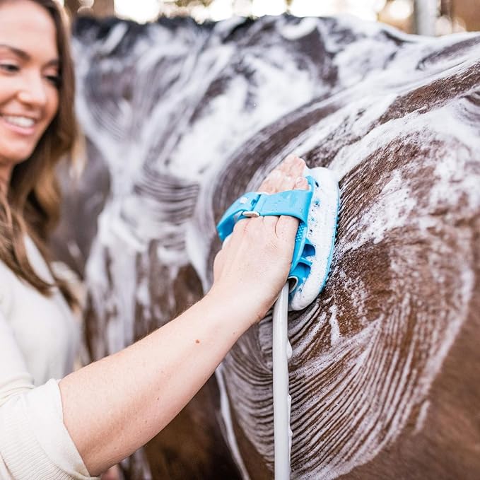 Aquapaw 5-in-1 Horse & Dog Bath Brush & Curry Comb - XL Blue Silicone - Includes 3-ft Shower Hose Attachment & Adapter - Adjustable Spray Scrub Massager - Great for Horses & Big Dogs