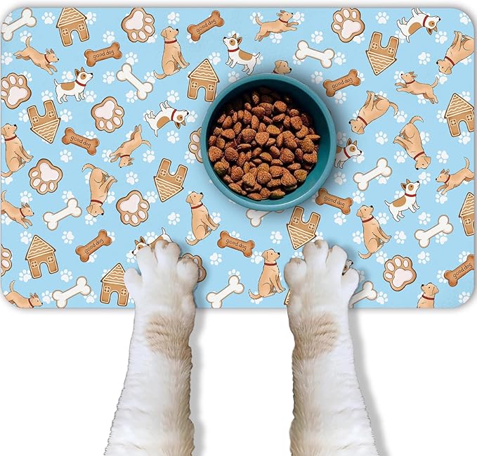 Dog Food Mat for Pet Cat Food Mat, Blue Absorbent Quick Dry Dog Bowl Mats for Food and Water, Non-Slip Cat Pet Feeding Mats for Floor Placemats 12"x20"