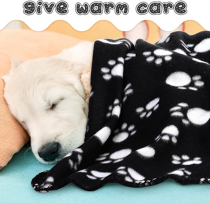Tatuo 12 Pieces Black Dog Blankets for Small Dogs Puppy Fleece Blanket Bulk Warm Felt Throw Spring Cute Paw Print Puppy Kitten Sleep Mat Pad Soft(Classic Style)