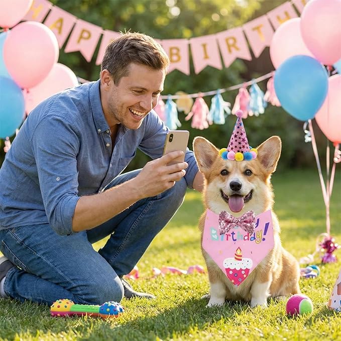 Pet Birthday Party Set with Hat and Bandana for Dogs and Cats with Star Pattern Design, Adjustable Sequin Bow tie Accessories, Pink Birthday Girl Scarf (Pink)