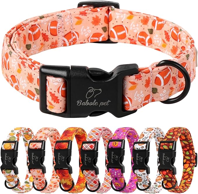Fall Dog Collar, Cute Football Pattern Puppy Collar, Orange Adjustable Cotton Holiday Tanksgiving Dog Collars for Small Medium Large Boy&Girl Dogs XL