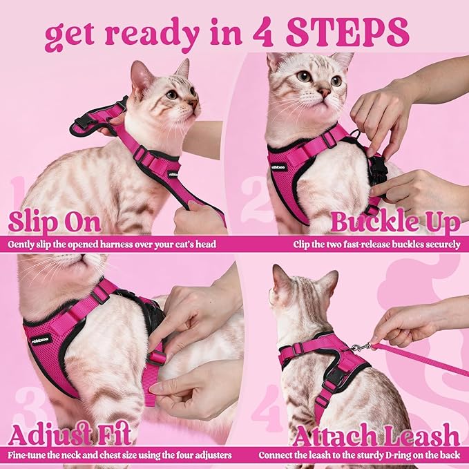 rabbitgoo Cat Harness and Leash for Walking, Escape Proof Soft Adjustable Vest Harnesses for Cats, Easy Control Breathable Reflective Strips Jacket, Rose Red, M