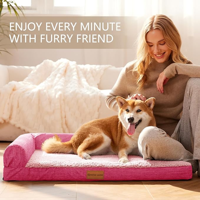 Patas Lague Orthopedic XL Dog Bed Large Sized Dog 42''X28'', Waterproof L Bolster Big Large Pet Sofa Beds with Removable Washable Cover, Soft Comfortable Pet Couch Crate Mat with Nonskid Bottom, Pink