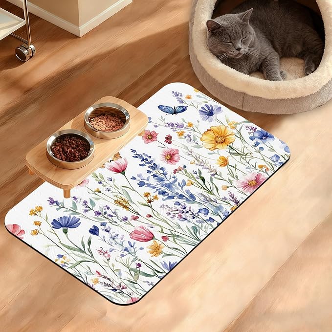 Flowers Butterfly Dog Food Mat,Colorful Absorbent Pet Feeding Mat for Food and Water Bowl,Quick Dry Dog Placemat Non Slip Rubber Backing Waterproof Pet Supplies 12" x 20"