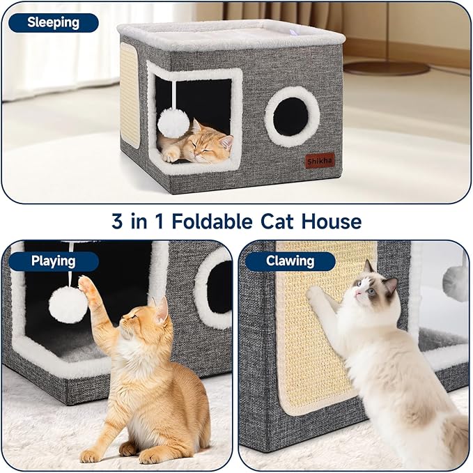 Shikha Cat Beds for Indoor Cats, Large Cat Cave with Cozy Condo, Fluffy Ball, Round Window, Foldable Indoor Cat House Hold Up to 30LBS, Cat Hideaway with Reversible Cushions for All Seasons, Grey