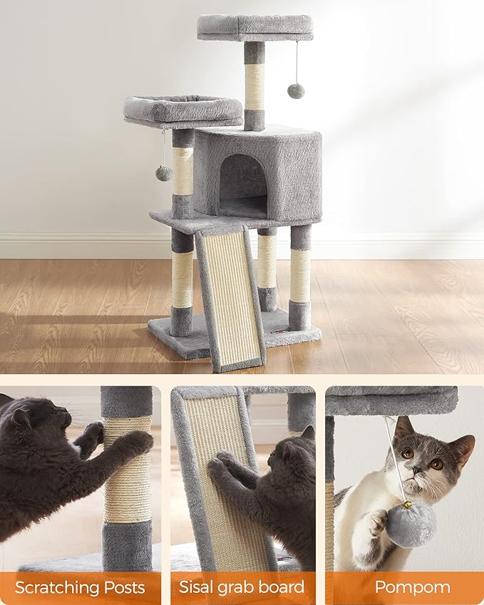 Feandrea Cat Tree, 45.3-Inch Cat Tower, Plush Condo with Scratching Post, Ramp, Perch, Spacious Cave, for Small Space, Light Gray UPCT141W01