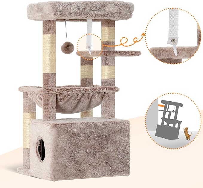 Heybly Cat Tree, Kitten Tower with Large Soft Cat Basket, Cat Condo with Spacious Cat Bed Cave with Hidden Space, Sisal-Covered Scratching Posts,Dangling Ball for Indoor Cats, Muchroom HCT008SMU