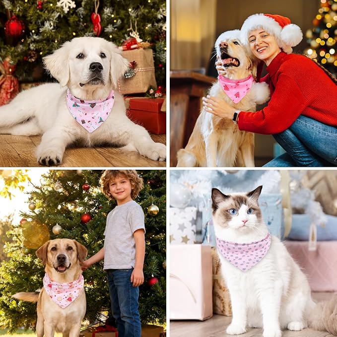 PAWCHIE Christmas Dog Bandanas 4 Pack,Reversible Dog Party Triangle Scarf Bibs,Pet Holiday Costume with Adjustable Snaps,Multiple Christmas-Themed Patterns for Medium Dogs Puppy,Cats Pets,Pink L