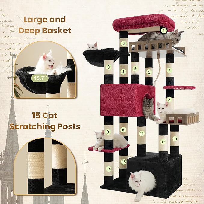 Maine Coon Cat Tree, Heavy Duty Cat Tree for Indoor Cats Large Adult, Gothic Cat Tower for Large Cats 20 lbs+ with Hammock, 2 Big Perches, 2 Cat Condos, 15 Scratching Posts, Black GCT033BR