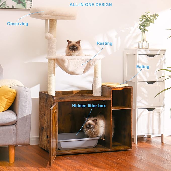 Hey-brother Cat Tree with XL Litter Box Enclosure, All-in-one Cat Tower for Indoor Cats with Large Hammock, Bed, Food Station, Scratching Posts, Modern Style Pet Furniture, Rustic Brown MPJ101SR