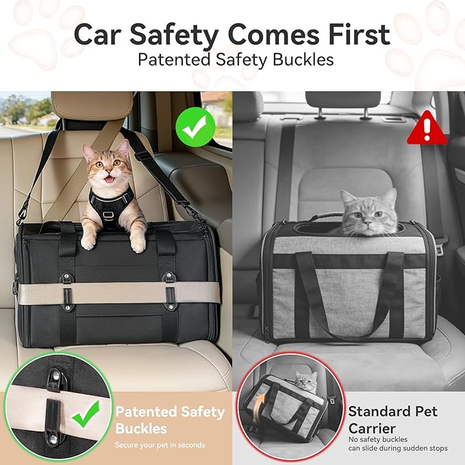 PETSFIT Large Cat Car Carrier with Patented Safety Buckles(19 x 12 x 12) – Roomy Escape-Proof for Safe Driving, Lockable Zippers & Safety Tether, Soft-Sided Travel Carrier for Road Trips & Vet Visits