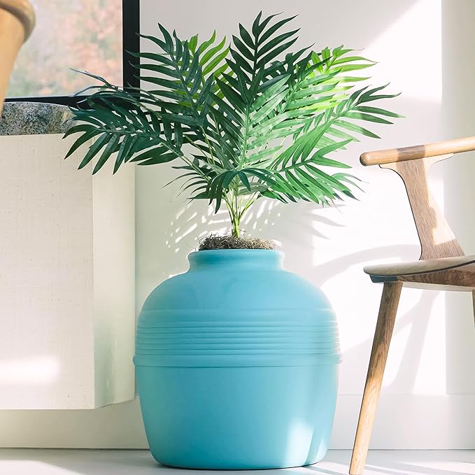 Good Pet Stuff Hidden Litter Box Planter, Decorative Cat Litter Enclosure with Carbon Filter, Artificial Plant, Easy Clean, Indoor Design, Original Round Style, Base Kit, Caribbean Blue