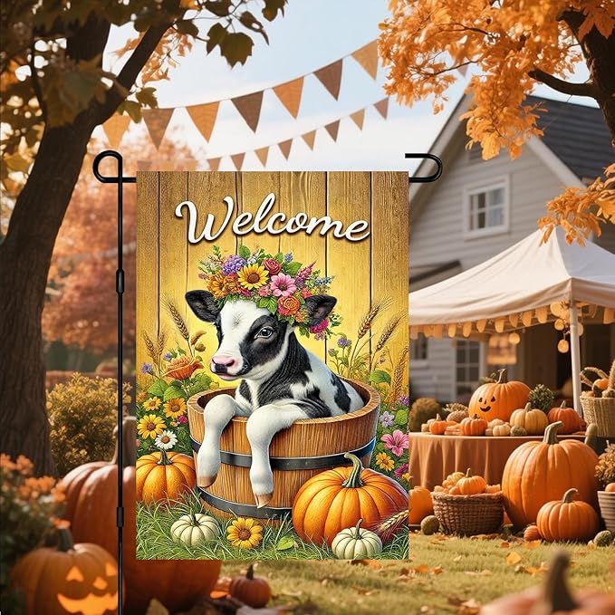Fall Garden Flag Welcome Calf Animal Garden Flag Farm 12x18 Inch Double Sided Outdoor Decoration for Fall Season Yard Porch Lawn Display Cute Flower Cow Banner Autumn Harvest