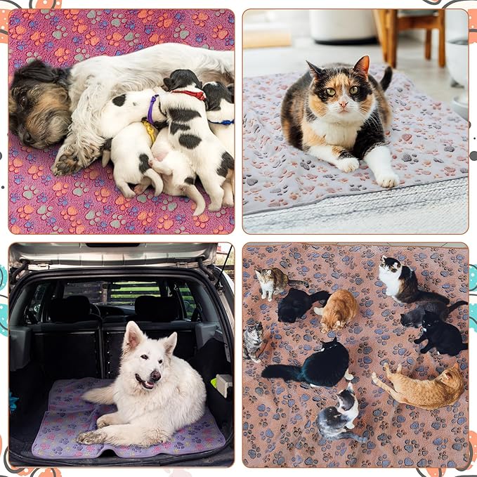 Panelee 4 Pcs Waterproof Dog Blankets Washable Puppy Paw Print Fleece Blanket for Small Medium Pet Cat Whelping Warm Soft Sleep Mat Guinea Pig Cage Liners(36 x 36 Inch)