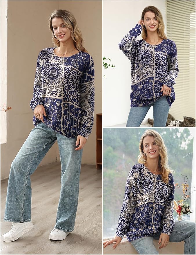 YESNO Women Christmas Sweater Graphic Printed Oversized Pullover Sweaters Casual Loose Knit Tops S01
