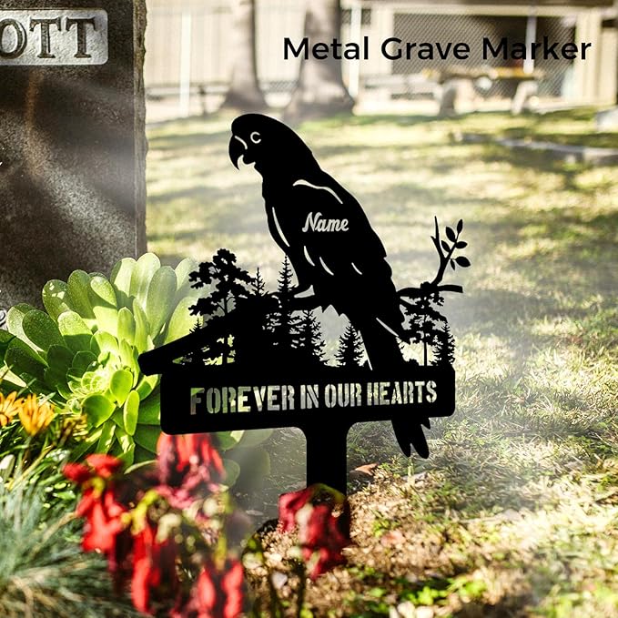 Custom Parrot Memorial Metal Stake – Personalized Grave Marker for Parrots, Bird Memorial Garden Decor, Sympathy Sign for Parrot Loss, Remembrance Keepsake Gifts, Metal Tombstone