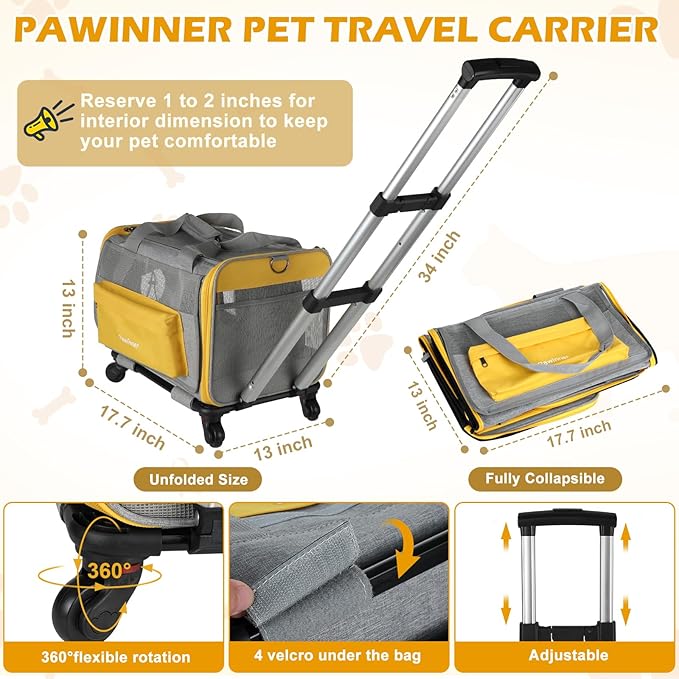 Pawinner Pet Carrier with Wheels, 17.7" x 13" x 13" Airline Approved Cat Carrier, Newly Designed Rolling Travel Bag with Telescopic Handle, for Small Dogs and All-Breed Cats