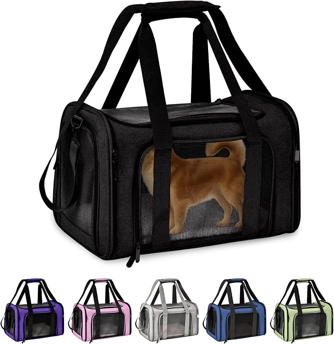 Pet Travel Carrier Bag – Airline Approved Soft-Sided Dog & Cat Carrier, Foldable, Breathable Mesh, Washable Pad – Fits Pets up to 15 lbs – The Pup Quartet (Black)
