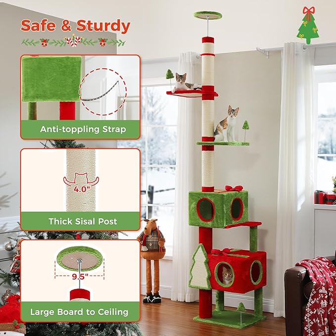 PETEPELA Floor to Ceiling Christmas Cat Tree, Tall Cat Tower (Adjustable Height 90.9-107.8 in) with 2 Large Condos, Scratching Posts & Detachable Cat Toys for Large Adult Cats, Red/Green