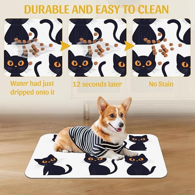 Cute Black Cats Pet Feeding Mat, Absorbent Dog and Cat Bowl Pad, Fast Dry, Non-Slip Back – 16x24 Inch