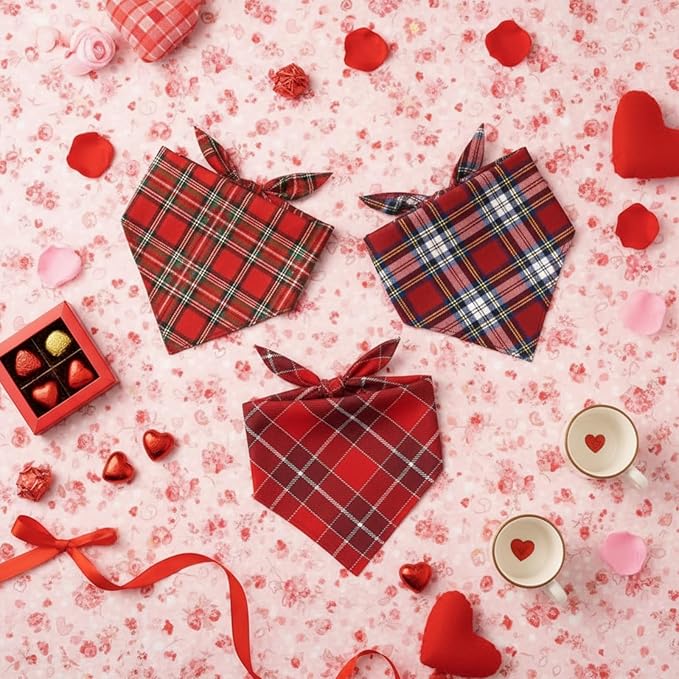 Weewooday 50 Pcs Valentine's Day Red Plaid Dog Bandanas Bulk for Dogs Soft Bibs Adjustable Triangle Bandana for Small Medium Large Pet Costume(25.6 x 17.7 x 17.7 Inch)