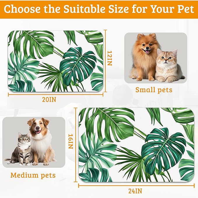 Dog Bowl Mat,Leaves Pet Feeding Mat for Floors Waterproof,Tropical Palm Absorbent Dogs Placemat for Food and Water Quick Dry Pet Cat Feeding Mats with Non Slip Bottom 12" x 20"