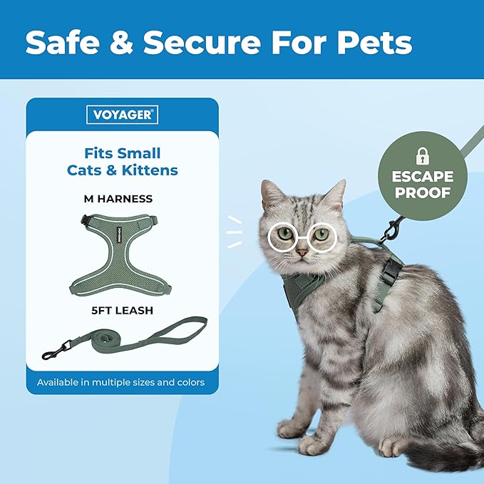 Voyager Escape-Proof Step-in Lock Cat Harness & 5ft Neoprene-Handle Leash Set All-Weather Mesh with Reflective Stitching for Small to Large Cats by Best Pet Supplies, Moss Green (327), M