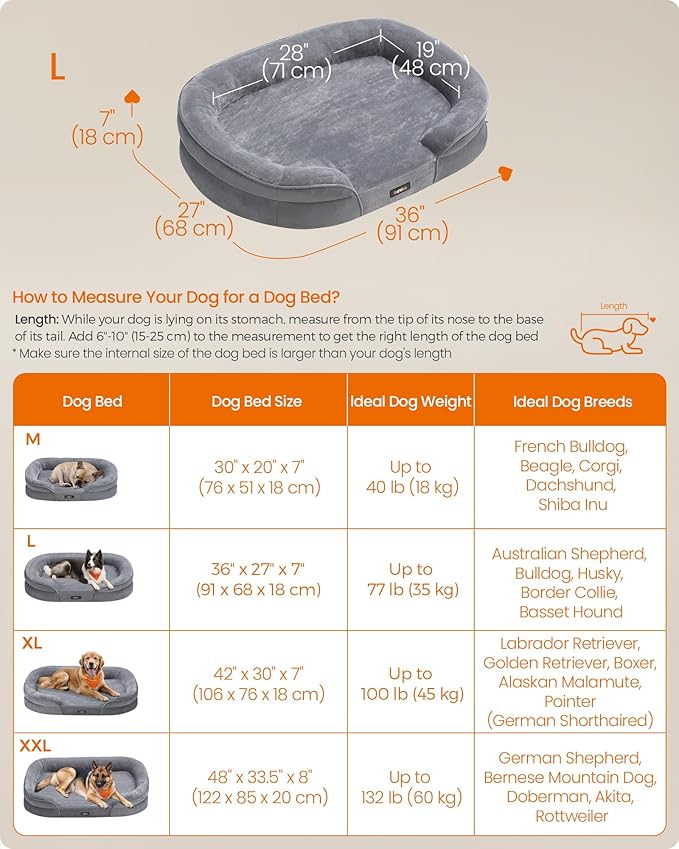 Feandrea Dog Bed, Large Orthopaedic Dog Sofa Bed, 36 x 27 x 7 Inches, Egg Crate Foam, Waterproof Liner, Raised Edges, Removable and Machine Washable Cover, Non-Slip, Light Gray UPGW282G01