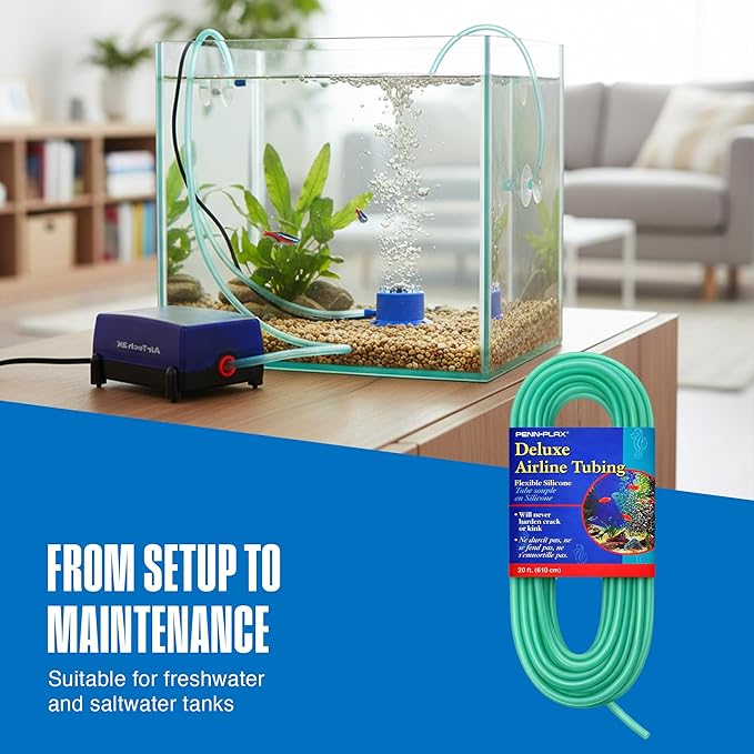 Penn-Plax Aqua-Life Deluxe Silicone Airline Tubing - 3/16 Inch Flexible Airline Hose for Aquarium Pumps, Fish Tank Line for Air Stones & Filters - Safe for Freshwater & Saltwater - 20 ft Long, Green