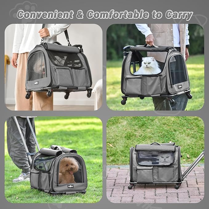 Large Pet Carrier with Wheels, Foldable Rolling Dog Carrier with Big Pocket, Cat Rolling Bag 21"x13"x13" for 2 Cats &Dogs, for Travel, Outdoor, Vet Visits, Camping, Indoor. Gray. (Not for Airline)