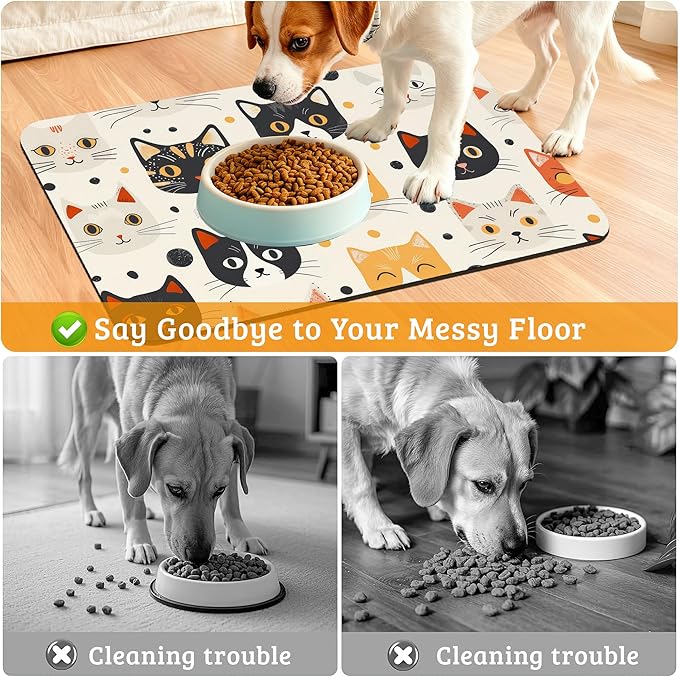 Cats Dog Cat Food Mat,Absorbent Waterproof Placemat for Food and Water Non Slip Rubber Backing Durable Feeding Pad for Clean Floors 16" x 24"