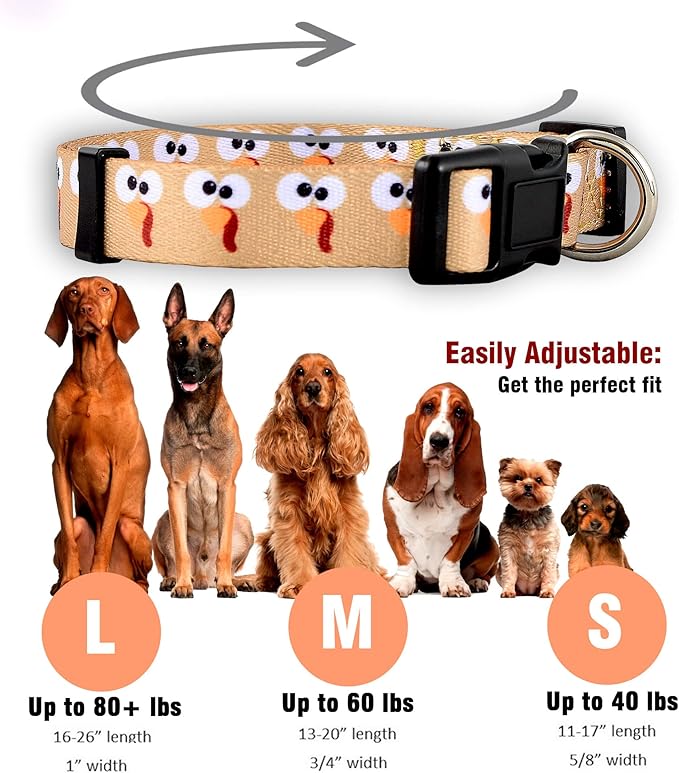 Native Pup Thanksgiving Dog Collar- Fall Collars for Dogs- Autumn Leaf, Turkey, Pumpkin Pie, Holiday Leaves- Girl Boy Puppy- Adjustable for Small, Medium, Large Breeds (Turkey Face, Large)
