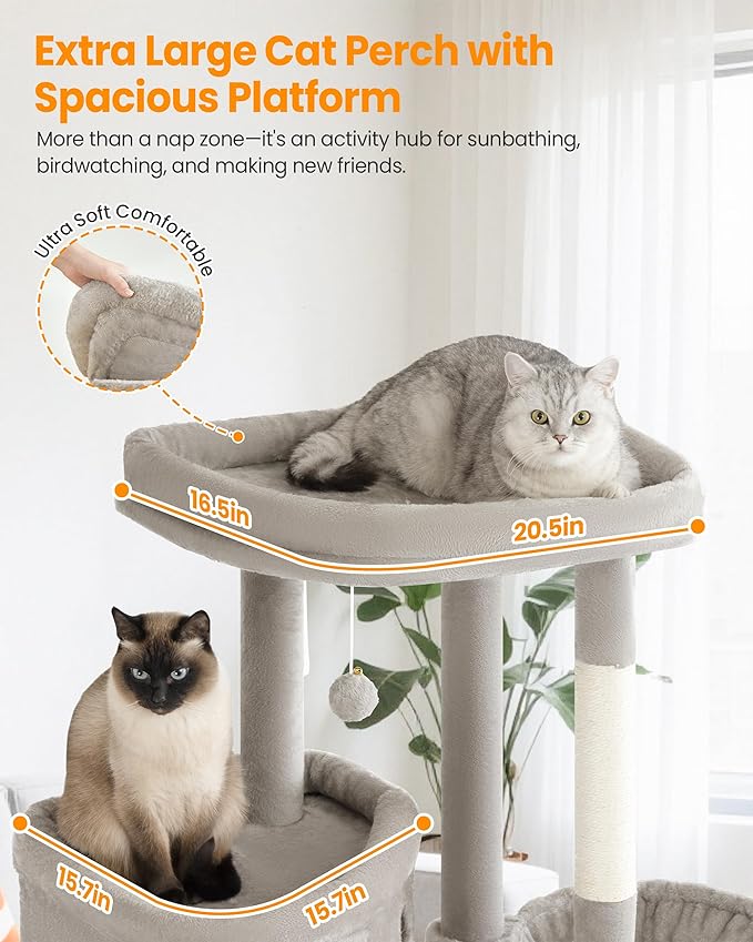 Extra Large Cat Tree, 84 Inch XXL Giant Cat Tower for Indoor Cats Large Adult 20lb+, Multi-Level Cat Climbing Condo with 5 Scratching Posts, 3 Wide Platform Perches, 2 Baskets, 2 Cat Caves, Light Grey