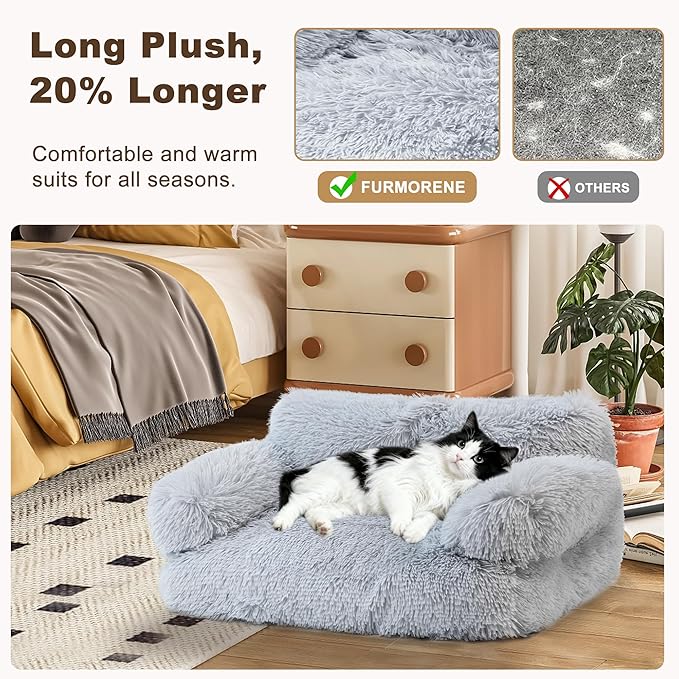 Large Cat Beds for Indoor Cats, Dog Couch Bed, Cute Cat Couch Sofas for Less 20lbs Kitten Puppy, Small Dog Sofas & Chairs with Removable Washable Cover, Warm Pet Furniture, Plush Light Grey