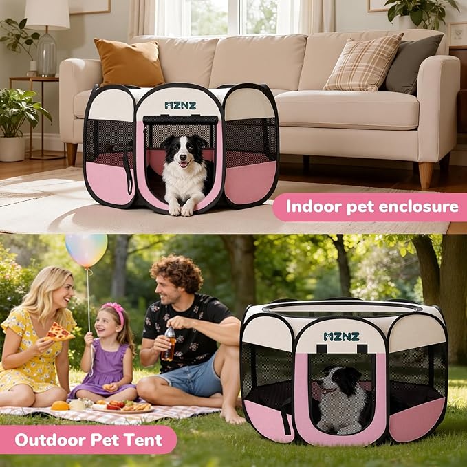 Dog Playpen, Portable Puppy Pet Crate Indoors for Small/Medium/Large Dogs Cats Rabbits, Foldable Dog Cage Enclosure for Outdoor, Pop Up Dogs Tent Kennel with Carrying Case, Pink