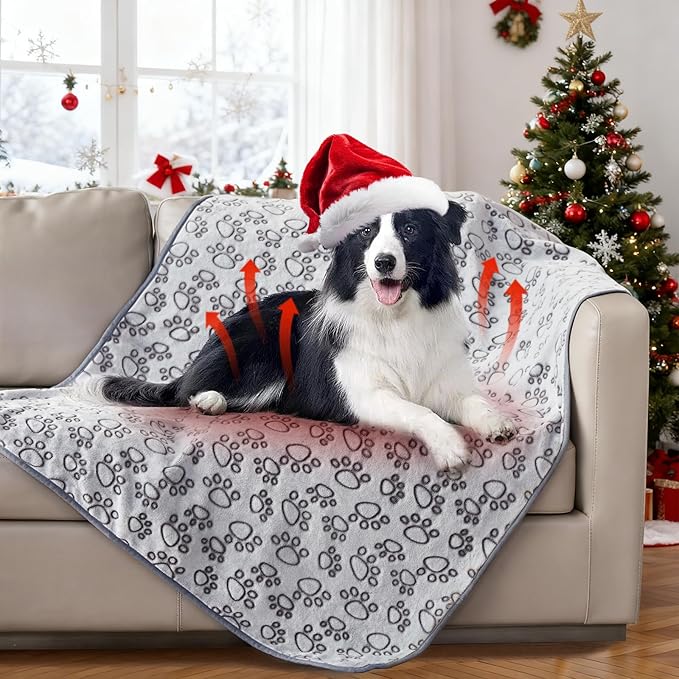 Stuffed Premium Soft Dog Blanket, with Flannel Grey Cute Paw Print, 43 * 66 inches, Self Warming Cat Blanket Puppy Supplies Dog Products Stuff Essentials