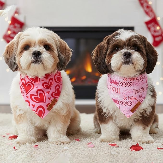 ADOGGYGO Valentine Dog Bandanas 2 Pack, Reversible Heart Love Print Puppy Scarf, Premium Fabric, Adjustable Fit Pink Red Valentine Bandanas for Small Dogs (Small)