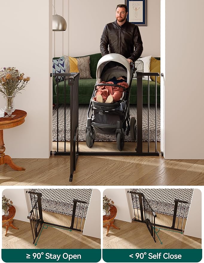Babelio 36.5-57" Extra Wide Baby Gate with Cat Door, CatPrivilege Ⅲ, Auto Close & Two Way Swing, Pressure Mounted Dog Gates for Stairs, Doorways, Includes 4 Wall Cups and 3 Extension Pieces, Black