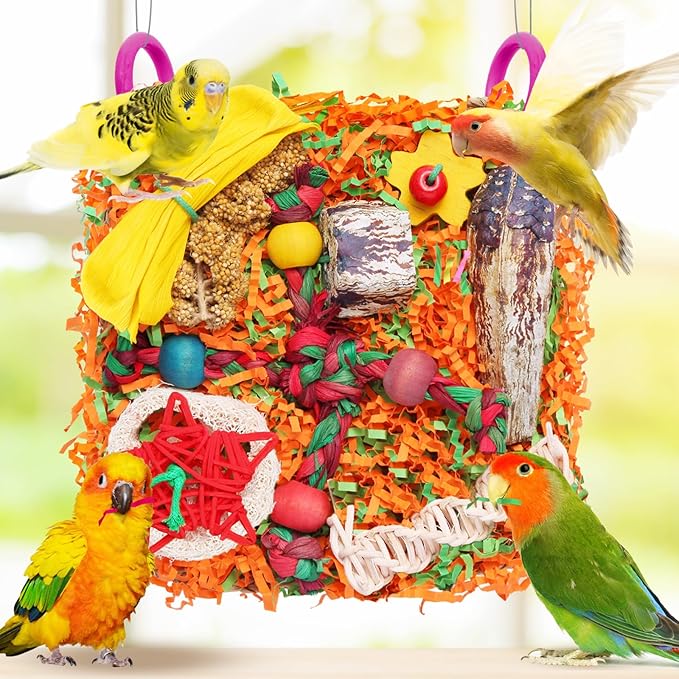 Bird Toys for Small & Medium Parrots - Natural Foraging & Shredding Cage Hanging Toys with Seagrass Mat, Starfruit, Loofah Slices for Budgies, Cockatiels, Lovebirds, Conures (2 PCS)