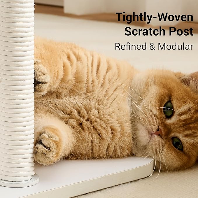 Modern Cat Tree Tower for Indoor Cats up to 12lbs, 34" H Furniture-Style Metal Cat Tower with Scratching Posts, Wood Cat Bed with Soft Plush Cushion Washable, Acrylic Capsule, Soft White