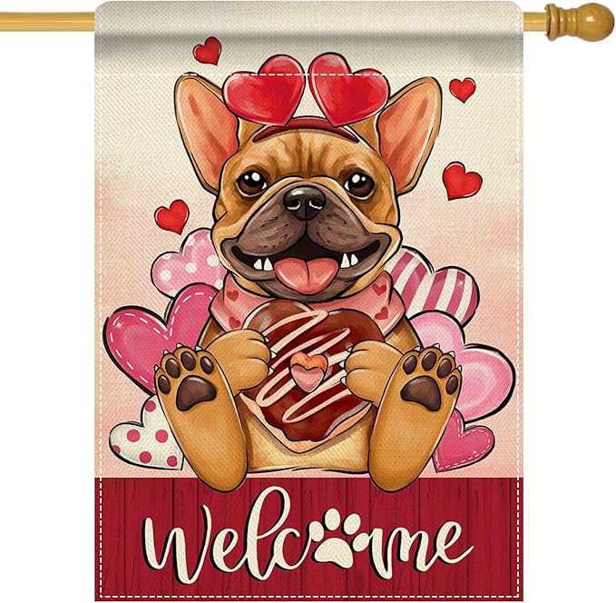 Artofy Welcome Valentines Day French Bulldog Dog Large Decorative House Flag, Red Pink Heart Yard Garden Outside Decor Pet Lover Gift, Anniversary Wedding Outdoor Home Decoration Double Sided 28 x 40