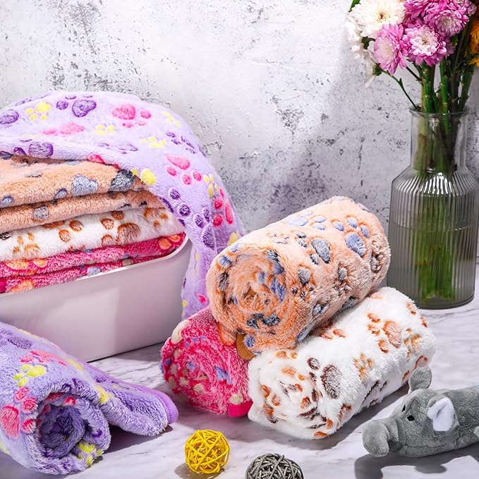 Tegeme 8 Pcs Fleece Dog Blankets for Small Dogs Cat Soft Coral Velvet Warm Sleep Mat Fluffy Dog Paw Print Blanket for Kitten Doggy Small Animal(24 x 16 Inch,Mixed Color)