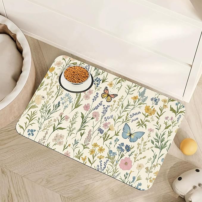 Wildflowers Dog Cat Food Mat,Vintage Botanical Garden Plants Herb Butterfly Absorbent Pet Feeding Mat for Food and Water,Non-Slip Dog Bowl Mats Floor Protector 12"x20"