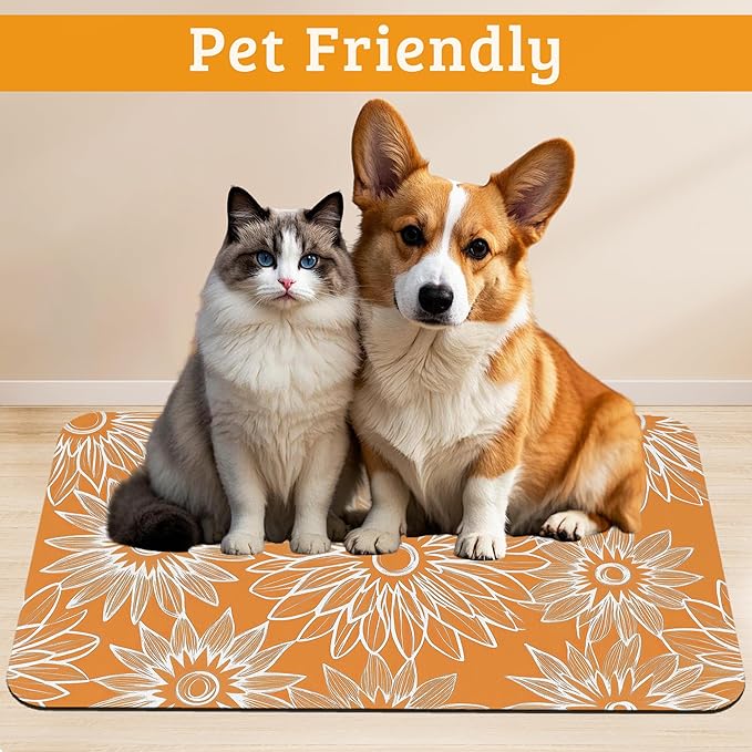 Retro Geometric Aesthetic Dog Food Mat,Orange Absorbent Pet Feeding Mat for Food and Water Bowl,Quick Dry Dog Placemat Non Slip Rubber Backing Waterproof Pet Supplies 16" x 24"